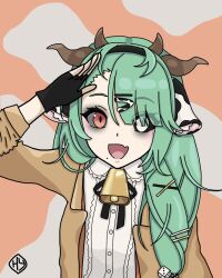  1girl animal_ear_fluff animal_ears arm_up bell black_gloves black_hairband black_ribbon black_sclera brown_horns brown_jacket collared_shirt colored_sclera commentary cow_ears cow_girl cow_horns cowboy_shot crelly crelly_(crelly_3.0) dice_hair_ornament english_commentary eyelashes fang fingerless_gloves gloves green_hair grey_sclera hair_ornament hair_over_shoulder hairband hairclip hana_yoshida_(artist) heterochromia horns indie_virtual_youtuber jacket long_hair long_sleeves mismatched_sclera mole mole_under_mouth multiple_hairclips neck_bell neck_ribbon open_clothes open_jacket open_mouth red_eyes ribbon shirt skin_fang smile solo upper_body virtual_youtuber white_eyes white_shirt 
