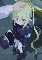  1girl 1other afterimage armband black_tail blue_archive blue_armband blue_boots blue_hat blue_jacket blue_shorts boots commentary_request demon_tail from_above green_hair green_halo halo hat headpat highres holding holding_unworn_clothes holding_unworn_hat jacket long_hair nonkichi nozomi_(blue_archive) out_of_frame pantyhose pointy_ears sensei_(blue_archive) shorts solo_focus tail tail_wagging twintails unworn_hat unworn_headwear white_pantyhose yellow_eyes 