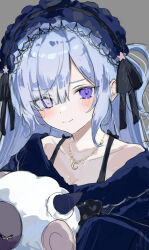  absurdres bare_shoulders black_ribbon blue_dress blue_hairband bow closed_mouth collarbone commentary_request crescent crescent_necklace diii_ch dress dress_bow frilled_dress frilled_hairband frilled_sleeves frills gothic_lolita grey_background hair_over_one_eye hair_ribbon hairband highres holding holding_stuffed_toy jewelry lolita_fashion lolita_hairband long_hair long_sleeves looking_at_viewer mahou_shoujo_no_majo_saiban natsume_an-an necklace off-shoulder_dress off_shoulder polka_dot polka_dot_bow portrait ribbon see-through_hair simple_background sleeves_past_fingers sleeves_past_wrists smile stuffed_animal stuffed_sheep stuffed_toy violet_eyes white_hair wide_sleeves 