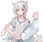  1girl animal_ears arknights bottle breasts closed_mouth collarbone grey_eyes grey_hair grey_jacket grey_pants hair_ornament hairclip hand_on_hip hand_up holding holding_bottle jacket lappland_(arknights) lixian85958 long_hair looking_at_viewer midriff_peek navel pants scar scar_on_face shirt short_sleeves simple_background small_breasts smile solo standing tail very_long_hair white_background white_shirt 