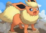  animal_focus bright_pupils clouds commentary_request day fang flareon highres jira_(ziraiya26) no_humans open_mouth outdoors pokemon pokemon_(creature) sky solo standing tongue white_pupils 