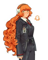  1girl black_jacket black_pants black_vest bow brown_hairband closed_mouth collared_shirt commentary cowboy_shot english_commentary green_eyes hair_bow hairband highres id_card ishmael_(project_moon) jacket lapels limbus_company long_hair looking_at_viewer notched_lapels orange_hair pants parrotto_pet project_moon rope shirt solo very_long_hair vest wavy_hair white_bow white_shirt 