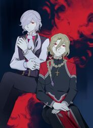 2boys animal_collar ascot black_pants black_robe blonde_hair braid braided_ponytail collar collared_shirt cross cross_necklace crossed_legs edmond_dantes_(fate) edmond_dantes_(monte_cristo_uniform)_(fate) fate/grand_order fate_(series) flower glasses hair_between_eyes hair_over_one_eye hands_on_lap highres holding holding_collar jewelry looking_at_viewer male_focus michael_roa_valdamjong multiple_boys necklace paiwai_zengwu pale_skin pants ponytail priest purple_vest red_eyes red_flower red_rose robe rose shirt sitting tarantella_(fate) two-tone_robe vampire vest white_ascot white_hair white_shirt 