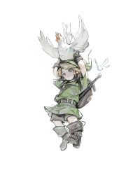  1boy absurdres animal arms_up belt belt_buckle bird blonde_hair blue_eyes boots buckle chicken child cucco fairy full_body gloves green_hat green_tunic grey_belt grey_boots grey_shorts hat highres holding holding_animal kanji_(nievart) link male_focus navi parted_bangs shield shield_on_back short_hair short_sleeves shorts simple_background solo sword sword_on_back the_legend_of_zelda the_legend_of_zelda:_ocarina_of_time tunic weapon weapon_on_back white_background young_link 