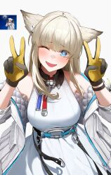  1girl absurdres ahoge ailushin animal_ears arknights arknights:_endfield bare_shoulders bird_ears black_gloves blonde_hair blue_eyes collared_dress dress fortnite game_screenshot_inset gloves highres jacket long_hair looking_at_viewer multicolored_gloves off_shoulder one_eye_closed open_clothes open_jacket open_mouth perlica_(arknights) quilted_jacket screenshot_inset simple_background smile solo two-sided_gloves upper_body white_background white_dress white_jacket yellow_gloves 