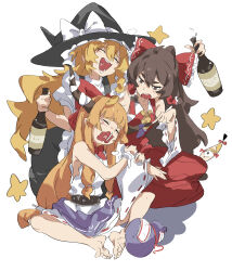  4girls :d absurdres annoyed apron ascot bare_shoulders barefoot black_skirt black_vest blonde_hair blunt_bangs blush bottle bow braid brown_hair closed_mouth commentary detached_sleeves drunk fuzi3535 gap_(touhou) hair_between_eyes hakurei_reimu hat hat_ribbon highres holding holding_another's_arm holding_bottle horn_ornament horn_ribbon horns ibuki_suika kirisame_marisa long_hair looking_at_another multiple_girls nontraditional_miko oni open_mouth parted_lips pointing pointing_at_another purple_skirt red_bow red_ribbon red_shirt red_skirt ribbon shirt short_sleeves side_braid sitting skirt sleeveless sleeveless_shirt smile star_(symbol) touhou untranslatable_commentary vest waist_apron white_background white_shirt witch_hat yakumo_yukari yellow_ascot 