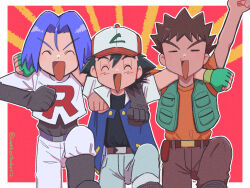  ash_ketchum baseball_cap black_gloves black_hair blue_hair blueskyabove boots brock_(pokemon) brown_hair closed_eyes commentary_request gloves green_gloves happy hat highres james_(pokemon) logo multiple_boys open_mouth pokemon pokemon_(anime) pokemon_(classic_anime) pokemon_the_series:_diamond_and_pearl pokemon_the_series:_ruby_and_sapphire red_hat single_letter sleeveless sleeveless_jacket spiky_hair team_rocket team_rocket_uniform thigh_boots 