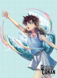  arm_up black_hair blue_background blue_eyes collarbone commentary_request copyright_logo copyright_notice cowboy_shot from_side kicori logo long_hair magic_kaito meitantei_conan meitantei_conan_card_game miniskirt nakamori_aoko official_art open_mouth outstretched_arm pleated_skirt sample_watermark shirt skirt sleeveless sleeveless_shirt v-shaped_eyebrows watermark white_skirt 