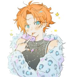  1boy akehoshi_subaru animal_print black_shirt blue_eyes blush commentary ensemble_stars! finger_to_tongue fur_jacket highres index_finger_raised jacket jewelry leopard_print looking_at_viewer male_focus multiple_necklaces necklace official_alternate_costume orange_hair parted_bangs pointing pointing_at_self ring ring_necklace sekik0zv shirt short_hair simple_background sleeveless sleeveless_shirt solo star_(symbol) tongue tongue_out upper_body white_background white_jacket 