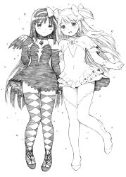  2girls akemi_homura akuma_homura bow cleavage_cutout clothing_cutout commentary_request dress elbow_gloves flat_chest frilled_dress frills gloves goddess_madoka graphite_(medium) greyscale hair_bow hairband highres kaname_madoka long_hair mahou_shoujo_madoka_magica mahou_shoujo_madoka_magica_(anime) monochrome multiple_girls short_dress smile thigh-highs traditional_media two_side_up very_long_hair wings yug_(ekaki) zettai_ryouiki 