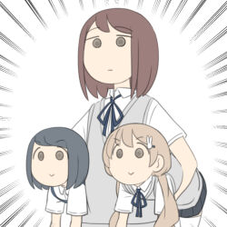  3girls :> black_hair black_skirt blue_dress brown_hair carrying carrying_under_arm closed_mouth collared_shirt dress dress_shirt emphasis_lines hair_ornament hairclip juukyuu long_hair low_twintails multiple_girls original pinafore_dress pleated_skirt rabbit_hair_ornament school_uniform shirt simple_background skirt sleeveless sleeveless_dress solid_circle_eyes sweater_vest swept_bangs thigh-highs twintails v-shaped_eyebrows very_long_hair white_background white_shirt white_thighhighs 