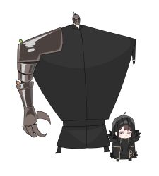  1boy 1girl absurdres anatomical_nonsense baral_(project_moon) black_eyes black_hair black_suit claw_(weapon) commentary_request highres korean_commentary library_of_ruina long_hair looking_at_viewer mask noto12_34 project_moon simple_background size_difference small_head smile smug suit weapon white_background zena_(project_moon) 