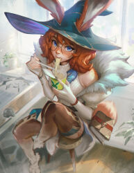  1girl absurdres animal_ears aurora_(league) bare_shoulders black_nails blue_eyes body_freckles book bracelet chengwei_pan cup ears_through_headwear elbow_gloves fingerless_gloves fingernails freckles full_body fur_trim glasses gloves hat highres holding holding_cup instant_cup_noodles instant_noodles jewelry league_of_legends looking_at_viewer orange_hair plant potted_plant rabbit_ears rabbit_girl round_eyewear short_sleeves shoulder_freckles sitting solo stove turtleneck window witch_hat 