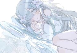  1girl abura_01 bare_shoulders blue_eyes blush clenched_hands commentary_request detached_sleeves dress eyelashes feet_out_of_frame fins flower genshin_impact green_hair hair_flower hair_ornament hair_over_one_eye hands_up head_fins long_hair long_sleeves looking_at_viewer lying on_side open_mouth own_hands_together pearl_hair_ornament puffy_detached_sleeves puffy_long_sleeves puffy_sleeves reflection simple_background sleeveless sleeveless_dress solo sunlight very_long_hair vodyanitsa_(genshin_impact) wavy_hair white_background white_dress white_flower white_sleeves 