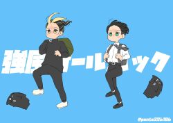 2boys backpack bag black_hair black_pants black_shirt blonde_hair blue_background commentary_request dress hanemiya_kazutora highres kyoufuu_all_back_(vocaloid) male_focus matsuno_chifuyu multiple_boys no_mouth pants ponta326106 shirt shirt_tucked_in short_hair simple_background tokyo_revengers turtleneck turtleneck_shirt twitter_username white_shirt 