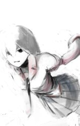  1girl :3 arms_behind_back black_eyes black_hair black_necktie black_shirt black_skirt bob_cut breasts closed_mouth collared_shirt commentary dress_shirt empty_eyes falling floating_neckwear hair_between_eyes highres juliet_sleeves light_smile long_sleeves looking_at_viewer monogatari_(series) necktie oshino_ougi pink_shirt pleated_skirt puffy_long_sleeves puffy_sleeves shirt short_hair sketch skirt sleeves_past_fingers sleeves_past_wrists small_breasts smug solo white_background white_skirt yose_(butakimuti) 