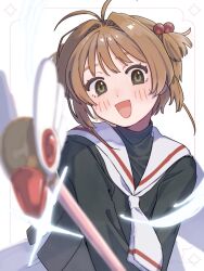  1girl antenna_hair black_shirt blurry brown_hair cardcaptor_sakura commentary depth_of_field fuuin_no_tsue green_eyes highres kinomoto_sakura looking_at_viewer mii311miyama open_mouth sailor_collar school_uniform shirt short_hair short_twintails skirt solo tomoeda_elementary_school_uniform turtleneck turtleneck_shirt twintails white_sailor_collar white_skirt 