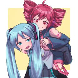  2girls ahoge aqua_eyes arm_tattoo bare_shoulders black_skirt black_thighhighs blue_hair blue_shirt blue_sleeves border carrying collared_shirt colored_eyebrows commentary_request detached_sleeves dot_nose double-parted_bangs drill_hair hakama hakama_short_skirt hakama_skirt hand_on_another's_shoulder hatsune_miku headphones highres japanese_clothes kasane_teto kasane_teto_(utau) long_hair looking_at_another medium_hair multiple_girls number_tattoo piggyback pleated_skirt red_eyes red_hair red_nails red_trim shirt sidelocks skirt sleeveless sleeveless_shirt smile tattoo thigh-highs twin_drills twintails utau vocaloid white_border yamahenjuretsu 