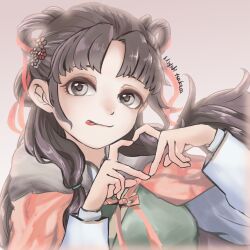  1girl artist_name brown_hair cloak_lift commentary_request flower four-finger_heart_hands gradient_background grey_eyes hair_flower hair_ornament hair_ribbon hair_rings hapina16 heart heart_hands highres legend_of_mortal long_hair long_sleeves looking_afar low-tied_sidelocks parted_bangs pink_ribbon ribbon sidelocks smile solo tongue tongue_out white_sleeves ye_yunshang 