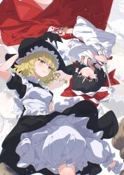  2girls absurdres apron between_fingers black_dress black_hat blonde_hair blush bow braid brown_hair closed_mouth commentary_request detached_sleeves dress embodiment_of_scarlet_devil gohei hair_bow hair_tubes hakurei_reimu hat hat_bow highres holding holding_gohei holding_ofuda kirisame_marisa long_hair looking_at_viewer miyako_0 multiple_girls official_alternate_costume ofuda ofuda_between_fingers puffy_short_sleeves puffy_sleeves red_bow red_eyes red_skirt ribbon-trimmed_sleeves ribbon_trim short_sleeves side_braid single_braid skirt skirt_set smile touhou upside-down white_apron white_bow witch_hat yellow_eyes zoom_layer 
