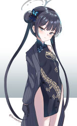  1girl arm_at_side black_dress black_gloves black_hair blue_archive blush breasts butterfly_hair_ornament chinese_clothes closed_mouth collared_dress commentary_request cowboy_shot doku-doku double_bun dragon_print dress expressionless gloves grey_background grey_eyes grey_halo grey_jacket hair_between_eyes hair_bun hair_ornament halo highres jacket jacket_partially_removed kisaki_(blue_archive) long_hair long_sleeves looking_at_viewer open_clothes open_jacket pelvic_curtain print_dress qipao sidelocks simple_background single_bare_shoulder sleeveless sleeveless_dress small_breasts solo split_mouth straight_hair striped_clothes striped_jacket tsurime twintails twitter_username vertical-striped_clothes vertical-striped_jacket very_long_hair 