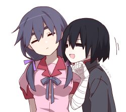 2girls bandaged_arm bandages black_eyes black_hair blazer breasts closed_eyes closed_mouth commentary empty_eyes expressionless hair_between_eyes highres jacket kanbaru_suruga manimani_(mani_ma) medium_breasts monogatari_(series) multiple_girls narrowed_eyes neck_ribbon open_mouth oshino_ougi red_trim ribbon short_sleeves smile teasing yuri 