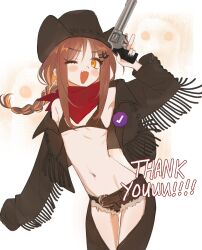  1girl cowboy_hat cowboy_western flat_chest gun hat highres holding holding_gun holding_weapon indie_virtual_youtuber multicolored_hair nino_egyn nino_egyn_(artist) one_eye_closed red_scarf scarf skinny two-tone_hair weapon 