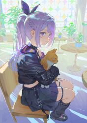  1girl absurdres animal belt bow bra_strap braid cat chair commentary commission commissioner_insert cross-shaped_pupils ddal hair_bow hair_intakes highres holding holding_animal holding_cat indie_virtual_youtuber jacket kneehighs long_hair looking_at_viewer looking_to_the_side orange_cat parted_bangs plant pleated_skirt ponytail shirt shoes sidelocks single_bare_shoulder sitting skirt sleeveless sleeveless_shirt smile socks sunlight symbol-shaped_pupils table violet_eyes virtual_youtuber window 
