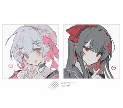  2girls beret black_choker black_hair black_shirt black_suit border bow choker closed_mouth collage collared_shirt dot_nose finger_heart flower gradient_hair hair_bow hair_flower hair_ornament hat hat_flower hat_ribbon heart heart_hands inagoinaire long_hair looking_at_viewer mahou_shoujo_no_majo_saiban multicolored_hair multiple_girls nikaido_hiro o-ring o-ring_choker official_alternate_costume open_mouth pink_eyes pink_hair portrait red_eyes red_flower ribbon sakuraba_ema shirt short_hair simple_background smile suit white_background white_border white_flower white_hair white_hat white_shirt x_hair_ornament 