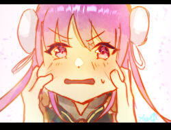  1girl 1other blush bun_cover cheek_pinching commentary_request double_bun eyes_visible_through_hair hair_between_eyes hair_bun hair_ribbon heaven_burns_red hydroxy_122 kunimi_tama letterboxed long_hair looking_at_viewer open_mouth pinching pink_eyes pink_hair portrait pov pov_hands ribbon simple_background solo_focus sweatdrop v-shaped_eyebrows white_background white_ribbon 