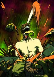  1boy blood blood_on_weapon blood_splatter chainsaw chainsaw_man chainsaw_man_(character) colored_blood commentary denji_(chainsaw_man) english_commentary glowing glowing_eyes green_theme highres long_tongue object_on_head orange_blood osse_(osse_lives) pull_cord severed_limb sharp_teeth teeth tongue tongue_out transformation upper_body weapon zombie 