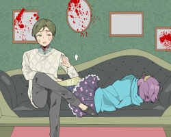  1boy 1girl ahoge anger_vein angry blood blood_on_wall blood_splatter blue_hoodie bob_cut bow commentary_request couch crossed_legs facing_away feet_on_another's_thighs frilled_skirt frills gishikovich-2000 green_eyes green_wall grey_hair hair_bow hood hoodie loafers looking_at_another lying on_couch on_side osoto_masaki pants portrait_(object) red_carpet shoes short_hair sitting skirt sweater tasokare_hotel tsukahara_neko yellow_bow 
