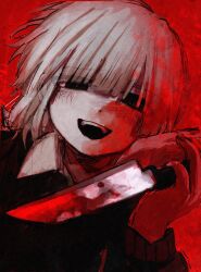  1boy absurdres black_eyes blood blood_on_knife cinnotomon close-up collared_shirt commentary_request highres holding holding_knife knife long_sleeves looking_at_viewer medium_hair saihate_eki shirt solo tatsunami_shion upper_body white_hair 