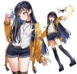  1girl black_collar black_hair blonde_streaks blue_butterfly breasts bug butterfly collar denim denim_shorts facial_mark fang highres holding holding_butterfly holding_wand jacket long_hair long_sleeves multicolored_hair multiple_views open_clothes open_jacket original print_shorts print_thighhighs rinotuna shirt short_shorts shorts simple_background skin_fang small_breasts streaked_hair thigh-highs wand white_background white_shirt yellow_eyes yellow_jacket 