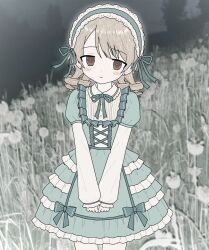  1girl blonde_hair blush bonnet bow brown_eyes commentary dress english_commentary eternalsoulrape field frills hat highres idolmaster idolmaster_cinderella_girls lolita_fashion looking_at_viewer morikubo_nono night outdoors own_hands_together puffy_sleeves scenery short_hair solo standing 