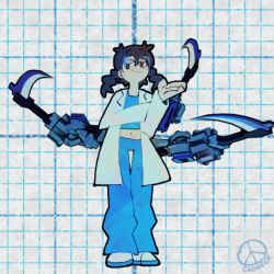  1girl animated animated_gif aqua_pants aqua_shirt arm_blade artist_name black_hair braid brown_eyes cadaver_(artist) cropped_shirt extra_arms eyeshadow grid_background lab_coat low_twin_braids makeup mechanical_arms midriff original pants peace_symbol scythe shirt shoes twin_braids weapon white_background white_shoes 
