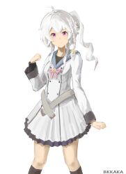  1girl 9-nine- absurdres ahoge artist_name belt black_socks bow braid buttons chest_bow clenched_hands closed_mouth commentary double-breasted dress feet_out_of_frame frilled_dress frills grey_belt hair_between_eyes hair_ribbon hakusen_academy_school_uniform hand_up highres kneehighs long_hair long_sleeves looking_at_viewer niimi_sora pink_bow pleated_dress ribbon school_uniform short_dress side_ponytail sidelocks simple_background single_braid smile socks solo standing tareme violet_eyes white_background white_dress white_hair x-23213 yellow_ribbon 