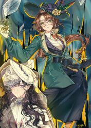  2girls absurdres artist_name black_hair black_skirt blue_background bow chinese_commentary commentary_request dated dress eyewear_strap feet_out_of_frame flower furrowed_brow glasses gloves green_eyes green_hat green_jacket hand_up hat hat_bow hat_feather hat_flower highres holding isolde_(reverse:1999) jacket kakania_(reverse:1999) long_hair long_skirt looking_to_the_side low_ponytail multiple_girls neck_ribbon parted_lips ponytail red_ribbon reverse:1999 ribbon round_eyewear shirt skirt upper_body veil violet_eyes white_bow white_dress white_gloves white_hat white_shirt white_veil yanru_xiangmu yellow_flower 
