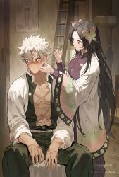  1boy 1girl artist_name averting_eyes belt black_hair blush breasts butterfly_hair_ornament closed_mouth commentary cowboy_shot demon_slayer_uniform dirty dirty_clothes first_aid hair_between_eyes hair_ornament hetero highres holding indoors injury kimetsu_no_yaiba kochou_kanae long_hair long_sleeves looking_at_another medium_breasts muingmoo open_clothes open_mouth open_shirt parted_bangs pink_eyes scar scar_on_arm scar_on_chest scar_on_face scar_on_nose shinazugawa_sanemi short_hair sidelocks sitting standing untranslatable_commentary watermark white_belt white_hair 