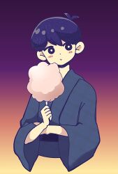  1boy alternate_costume antenna_hair black_eyes black_hair blush bright_pupils closed_mouth commentary_request cotton_candy food gradient_background highres holding holding_cotton_candy holding_food long_sleeves male_focus omori shirotsume_143 simple_background solo sunny_(omori) upper_body white_pupils 