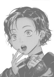  1girl :o character_request choker commentary_request copyright_request ear_piercing greyscale halftone hands_up highres jewelry korean_commentary let_ink monochrome multiple_rings open_mouth piercing portrait ring short_hair solo white_background 