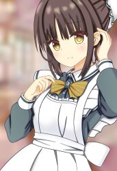  1girl apron back_bow black_hair blurry blurry_background blush bow bowtie brooch bun_cover cafe_stella_to_shinigami_no_chou closed_mouth collared_shirt commentary cowboy_shot eyes_visible_through_hair frilled_apron frills furrowed_brow grey_shirt hair_between_eyes hair_bun hands_up highres jewelry kumaron long_sleeves looking_at_viewer maid maid_apron medium_hair mole mole_under_eye shiki_natsume shirt sidelocks single_hair_bun solo split_mouth striped_bow striped_bowtie striped_clothes white_apron white_bow yellow_bow yellow_bowtie 