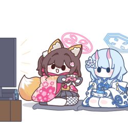  2girls animal_ear_fluff animal_ears black_skirt blue_archive blue_hair blue_halo cape chibi chise_(blue_archive) commentary controller fox_ears fox_girl fox_tail game_console game_controller halo highres holding holding_controller holding_game_controller izuna_(blue_archive) japanese_clothes kimono milky_cat0618 multicolored_cape multiple_girls neckerchief pink_halo playing_games playing_video_games red_neckerchief red_scarf scarf seiza shirt simple_background sitting skirt tail television untranslatable_commentary watching_television white_background white_kimono white_shirt 