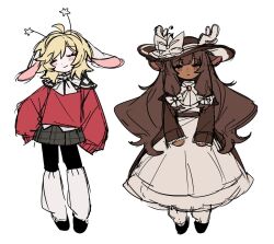  2girls ^_^ adelaide_(frozen_soul) animal_ears antlers ascot blonde_hair brown_dress brown_hair brown_hat brown_skirt closed_eyes closed_mouth commentary deer_antlers deer_ears dress english_commentary frozen_soul hat horns long_hair low-tied_sidelocks multiple_girls nashatra_bealdhild rabbit_ears red_sweater roblox short_hair sidelocks simple_background skirt smile sweater talkoo very_long_hair white_ascot white_background white_dress 