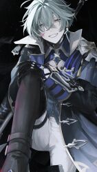  1boy absurdres ahoge armor black_background black_boots black_choker black_gloves black_jacket blood blood_on_face blue_eyes blue_vest boots buttons choker collared_shirt commentary dayprowler_snr disaster_and_remorse_(genshin_impact) earrings empty_eyes feet_out_of_frame genshin_impact gloves green_hair hair_between_eyes hand_on_own_knee hand_up highres jacket jewelry lapels lohen_(genshin_impact) long_sleeves looking_at_viewer male_focus mole mole_under_eye open_clothes open_jacket pale_skin pants polearm shirt short_hair shoulder_armor simple_background single_earring sitting smile solo spear spread_legs teeth thigh_boots thigh_strap two-sided_fabric two-sided_jacket vest weapon white_jacket white_pants white_shirt 
