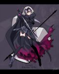  1girl ahoge armor armored_dress bangs black_thighhighs breasts chain cloak fate/grand_order fate_(series) flag grey_hair headpiece highres holding holding_flag holding_polearm holding_sword holding_weapon jeanne_d&#039;arc_alter_(avenger)_(fate) jeanne_d&#039;arc_alter_(fate) lance looking_at_viewer polearm rindo short_hair smile solo standing sword thigh-highs weapon yellow_eyes 