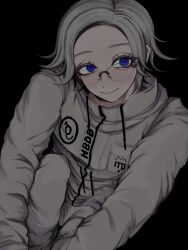  1boy aotsuki_eito black_background breast_pocket commentary_request drawstring eyelashes glasses grey_hair highres jacket looking_at_viewer male_focus pants pocket short_hair simple_background solo the_hundred_line_-last_defense_academy- urami_sone violet_eyes white_jacket white_pants 