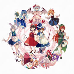  6+girls absurdres apron ascot back_bow bat_wings beret between_fingers black_bow black_ribbon black_skirt black_vest blonde_hair blue_bow blue_dress blue_eyes blue_hair blue_hat blue_skirt blue_vest book bow braid brown_eyes brown_hair cirno closed_mouth collared_shirt commentary_request crescent crescent_hat_ornament crystal crystal_wings daiyousei demon_wings detached_sleeves detached_wings dress embodiment_of_scarlet_devil fairy fairy_wings flandre_scarlet frilled_dress frilled_shirt_collar frilled_sleeves frills frozen_frog gohei green_bow green_eyes green_hair green_hat green_skirt green_vest grey_hair grimoire hair_between_eyes hair_bow hair_ribbon hair_tubes hakurei_reimu hat hat_ornament hat_ribbon head_wings highres holding holding_book holding_gohei holding_knife holding_weapon hong_meiling ice ice_wings izayoi_sakuya katsuragi_atori kirisame_marisa knife knives_between_fingers koakuma laevatein_(touhou) long_hair long_sleeves looking_at_viewer magic_circle maid maid_headdress mob_cap multicolored_wings multiple_girls neck_ribbon necktie official_alternate_costume one_side_up open_mouth patchouli_knowledge pinafore_dress pink_dress pink_hat pink_shirt pink_skirt puffy_short_sleeves puffy_sleeves purple_hair red_ascot red_bow red_eyes red_hair red_necktie red_ribbon red_skirt red_vest remilia_scarlet ribbon ribbon-trimmed_sleeves ribbon_trim rumia shirt short_sleeves skirt skirt_set sleeveless sleeveless_dress smile socks star_(symbol) star_hat_ornament striped_clothes striped_dress thigh_strap touhou twin_braids vertical-striped_clothes vertical-striped_dress very_long_hair vest violet_eyes waist_apron weapon white_apron white_bow white_hat white_shirt white_socks wide_sleeves wings witch_hat yellow_ascot yellow_bow 