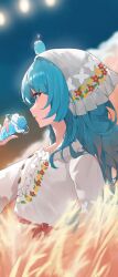  1girl absurdres arahashi_tabi blue_eyes blue_hair breasts closed_mouth commentary_request dress frilled_dress frilled_headwear frills from_side highres holding holding_microphone korean_commentary long_hair looking_ahead microphone moly_(molyy0218) pungdangi_(arahashi_tabi) red_ribbon ribbon small_breasts stellive upper_body virtual_youtuber waist_ribbon wheat_field white_dress white_headdress 