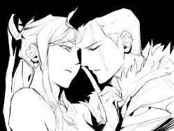  1boy 1girl bare_shoulders black_background blending closed_eyes commentary_request danganronpa_(series) danganronpa_2:_goodbye_despair detached_collar earrings expressionless eyelashes finger_to_another's_mouth fur-trimmed_jacket fur_trim greyscale hair_bun heads_together hetero highres hood hood_down hooded_jacket jacket jewelry korean_commentary long_hair long_sidelocks long_sleeves looking_at_another monochrome multicolored_hair parted_lips saman_zero7 scar scar_across_eye scar_on_face shirt short_hair sideburns sidelocks simple_background single_hair_bun sonia_nevermind strapless strapless_shirt streaked_hair tanaka_gundham upper_body wavy_hair 
